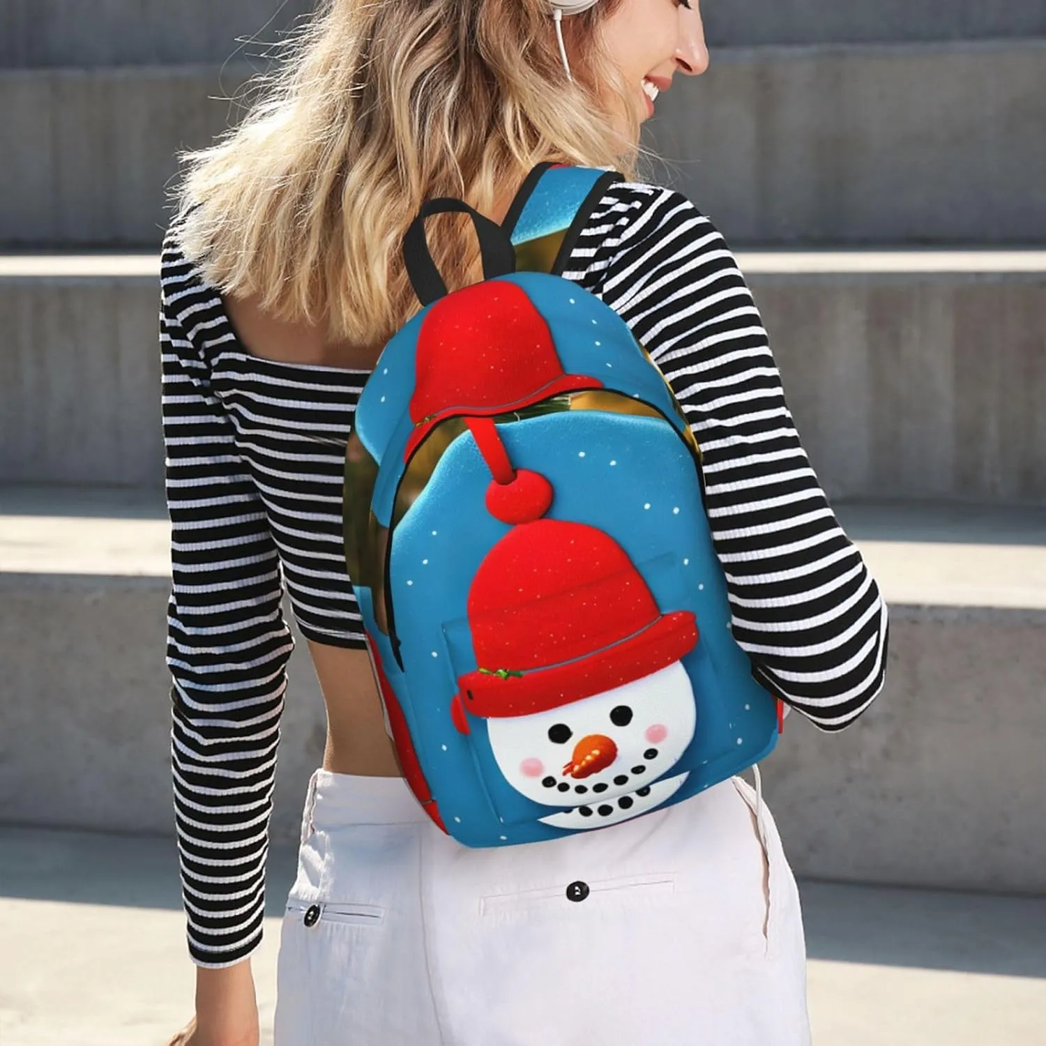 Christmas Carton Snowman Print Canvas Backpack Women,Mens Travel Casual Daypack Bookbag For Laptop Work Travel Hiking