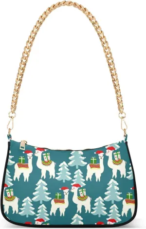 Christmas Cute Llamas Shoulder Handbags for Women Travel Hobo Tote Handbag Women Gold Chain Shoulder Bags Purse with Zipper Closure