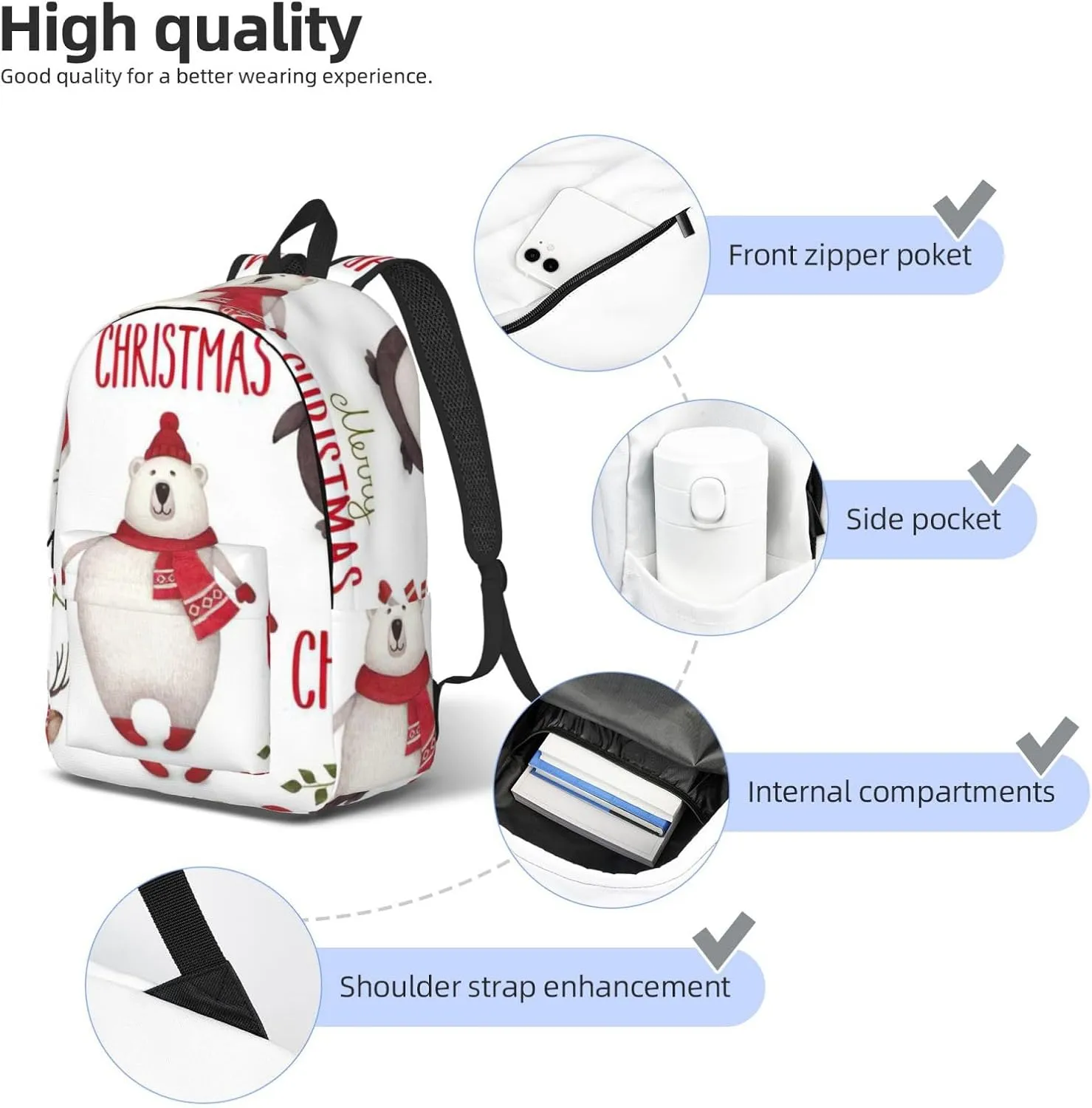 Christmas Santa Claus Print Canvas Backpack Women,Mens Travel Casual Daypack Bookbag For Laptop Work Travel Hiking