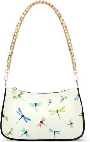 Color Dragonflies Shoulder Handbags for Women Travel Hobo Tote Handbag Women Gold Chain Shoulder Bags Purse with Zipper Closure