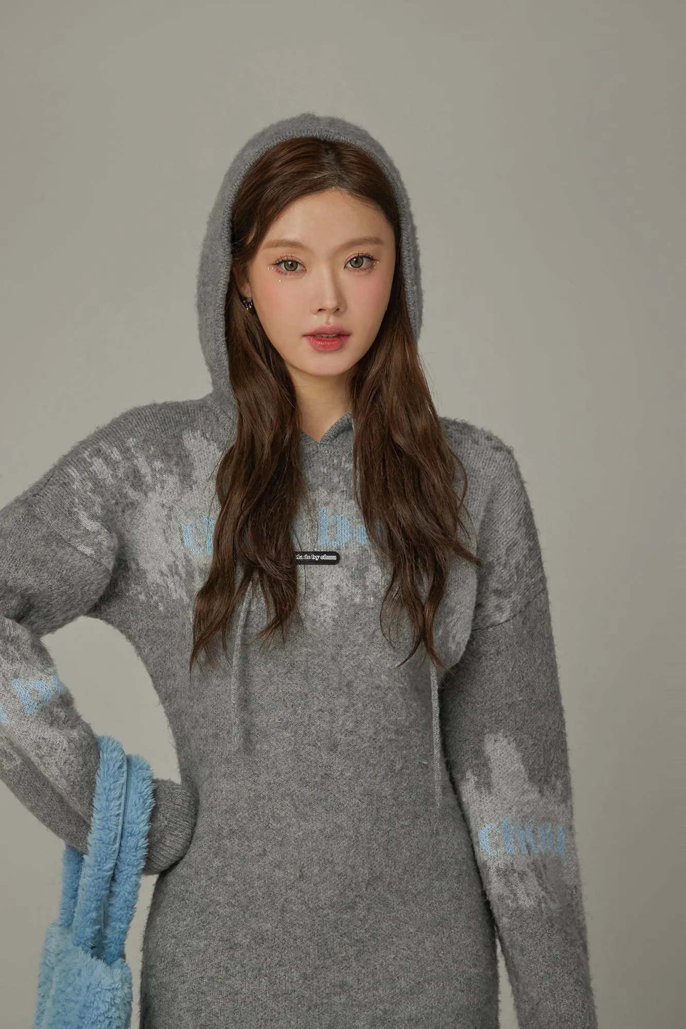 Color Logo Hooded Knit Mini Dress