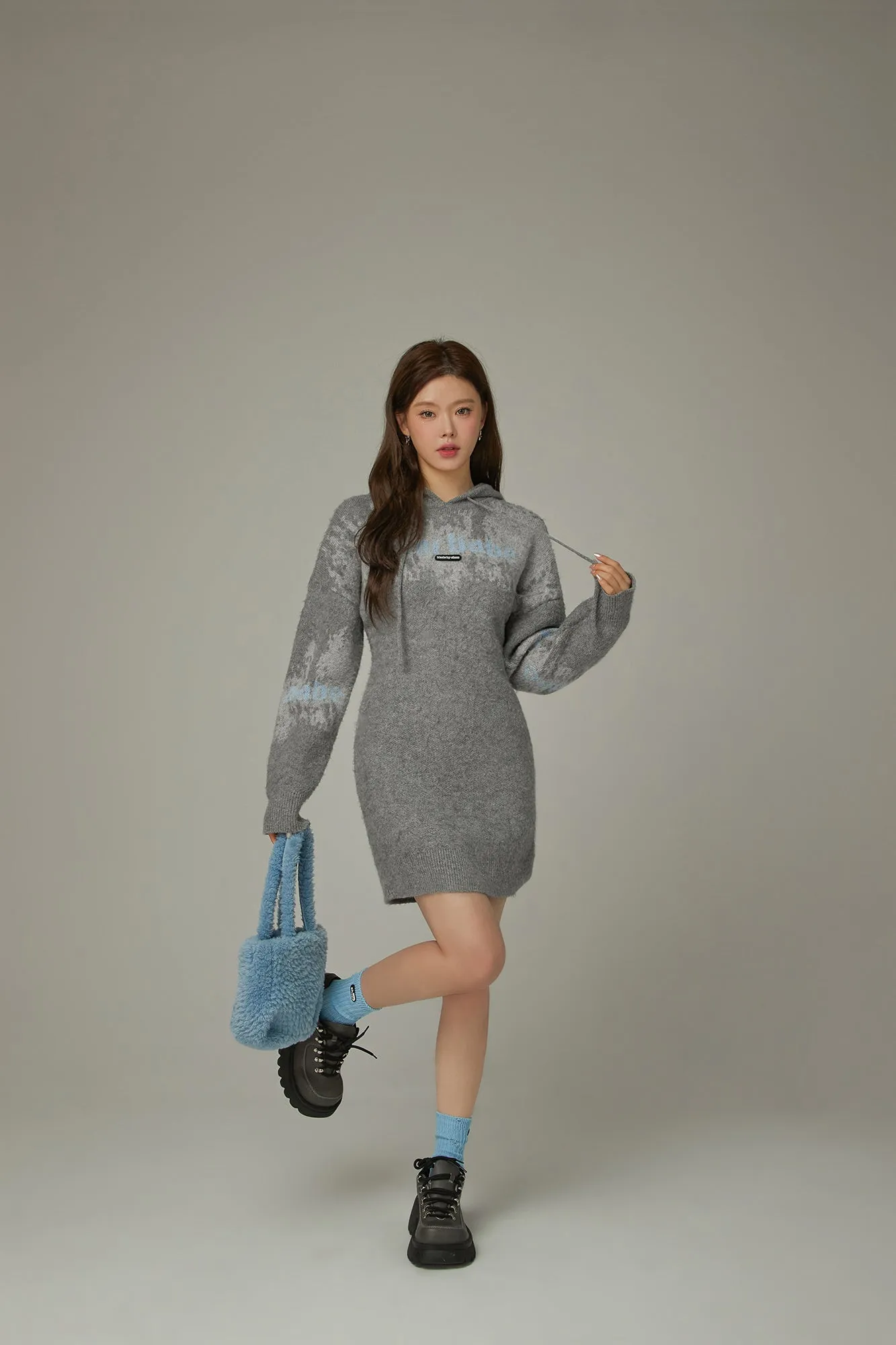 Color Logo Hooded Knit Mini Dress