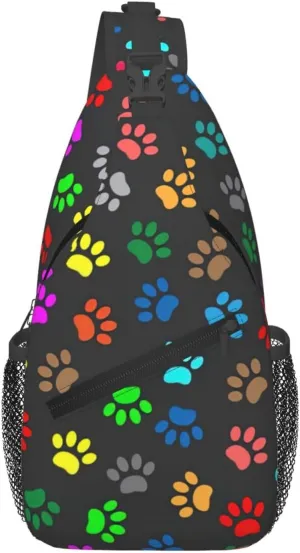 Colorful Dog Paw Print Black Print Crossbody Backpack Sling Bag Chest Bags Daypack For Sport Running Hiking Women Men Unisex