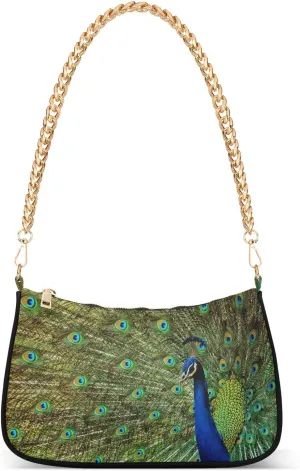 Colorful Peacock Feathers Shoulder Handbags for Women Travel Hobo Tote Handbag Women Gold Chain Shoulder Bags Purse with Zipper Closure