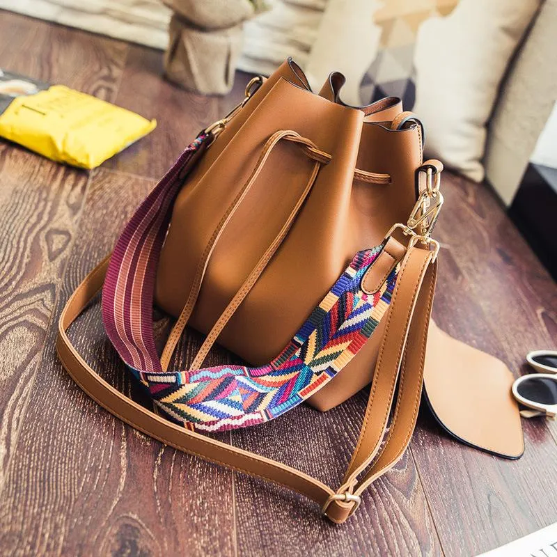 Colorful Ribbon Strap Drawstring Bucket Bag