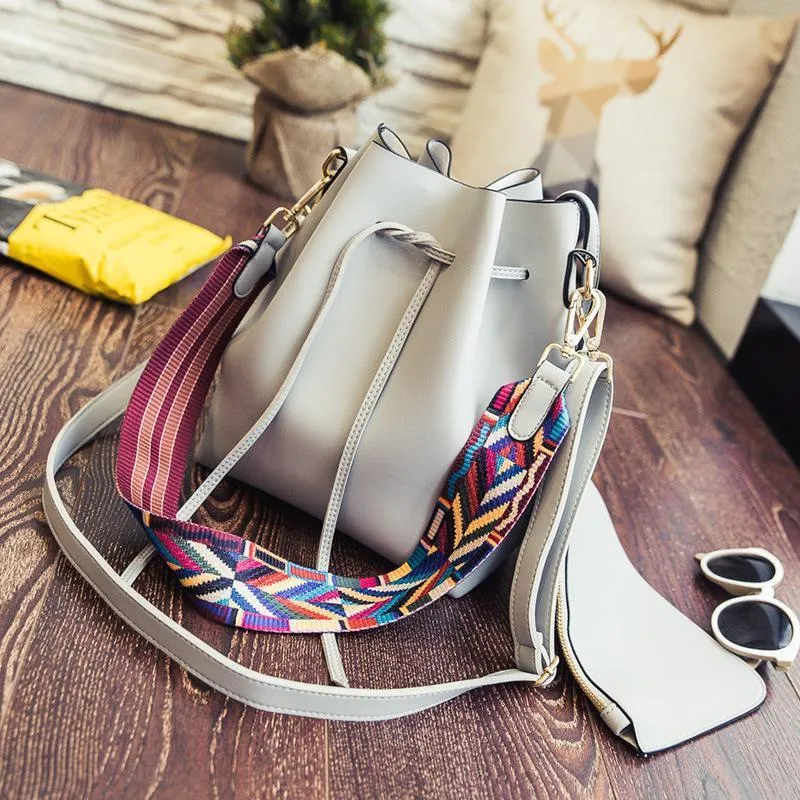 Colorful Ribbon Strap Drawstring Bucket Bag