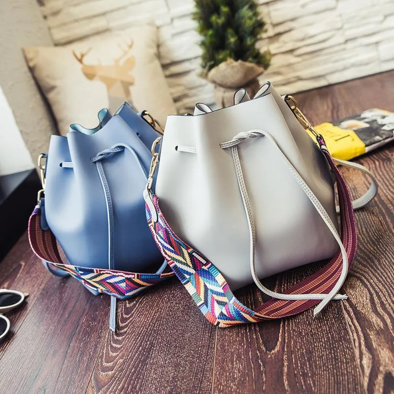 Colorful Ribbon Strap Drawstring Bucket Bag