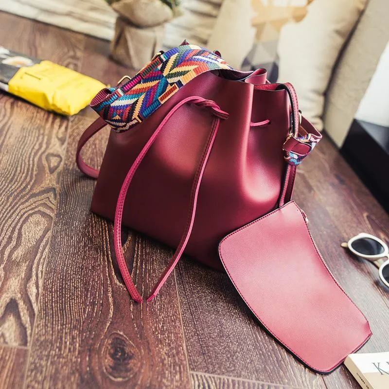 Colorful Ribbon Strap Drawstring Bucket Bag