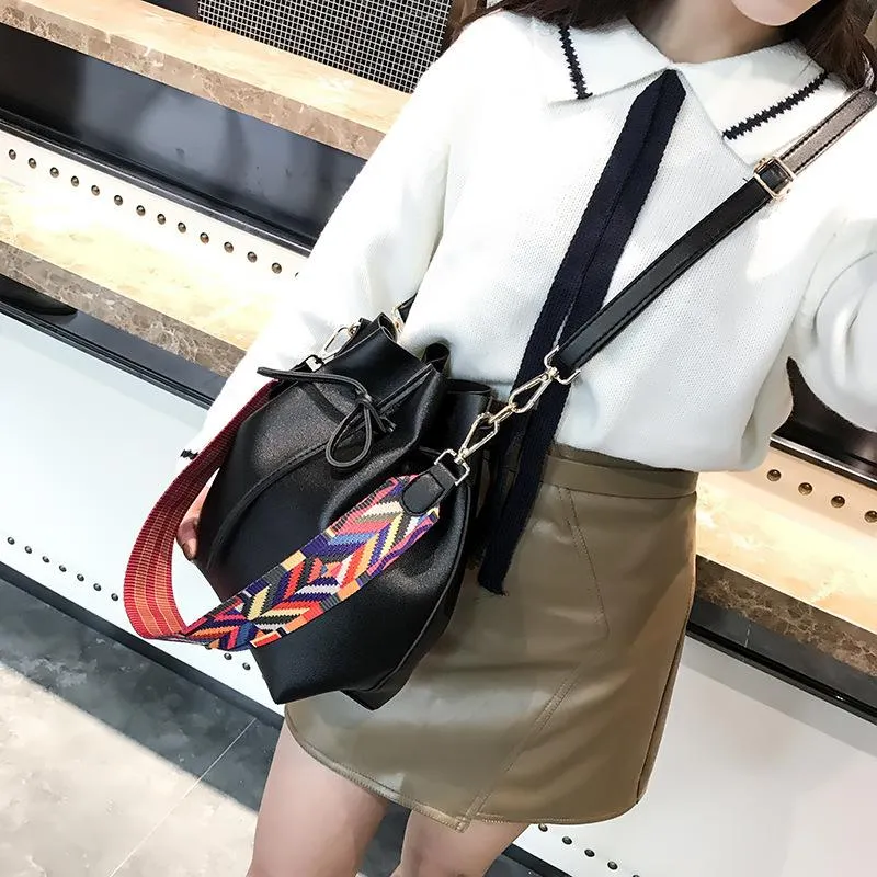 Colorful Ribbon Strap Drawstring Bucket Bag