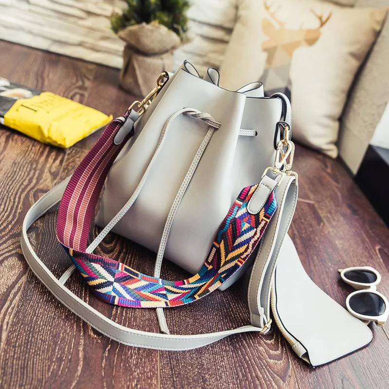 Colorful Ribbon Strap Drawstring Bucket Bag