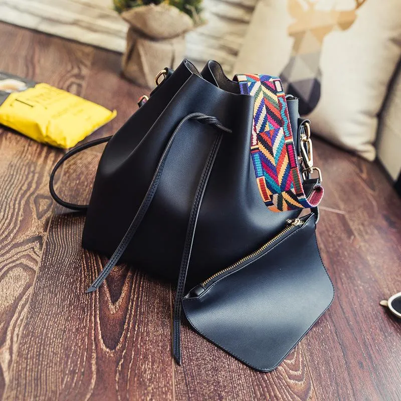 Colorful Ribbon Strap Drawstring Bucket Bag