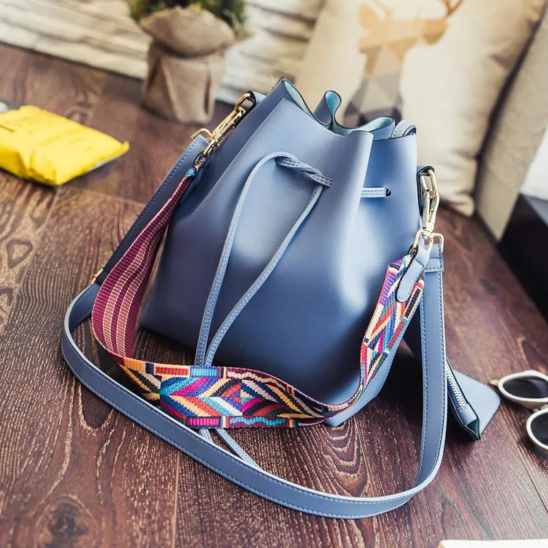 Colorful Ribbon Strap Drawstring Bucket Bag
