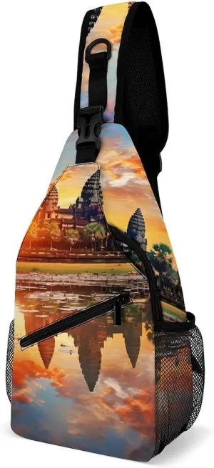 Colorful Sky Angkor Wat Landmarks Sling Backpack Multipurpose Crossbody Shoulder Bag Printed Chest Bag Travel Hiking Daypack