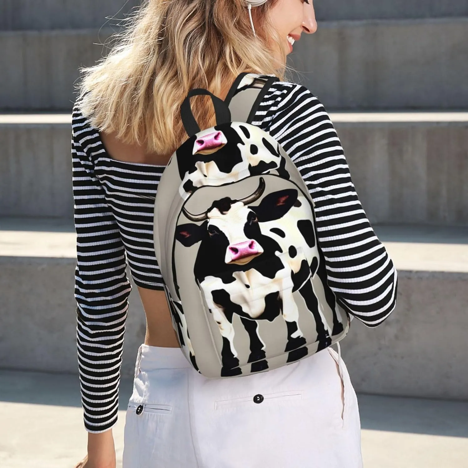 Cow Black Spot Print Canvas Backpack Women,Mens Travel Casual Daypack Bookbag For Laptop Work Travel Hiking