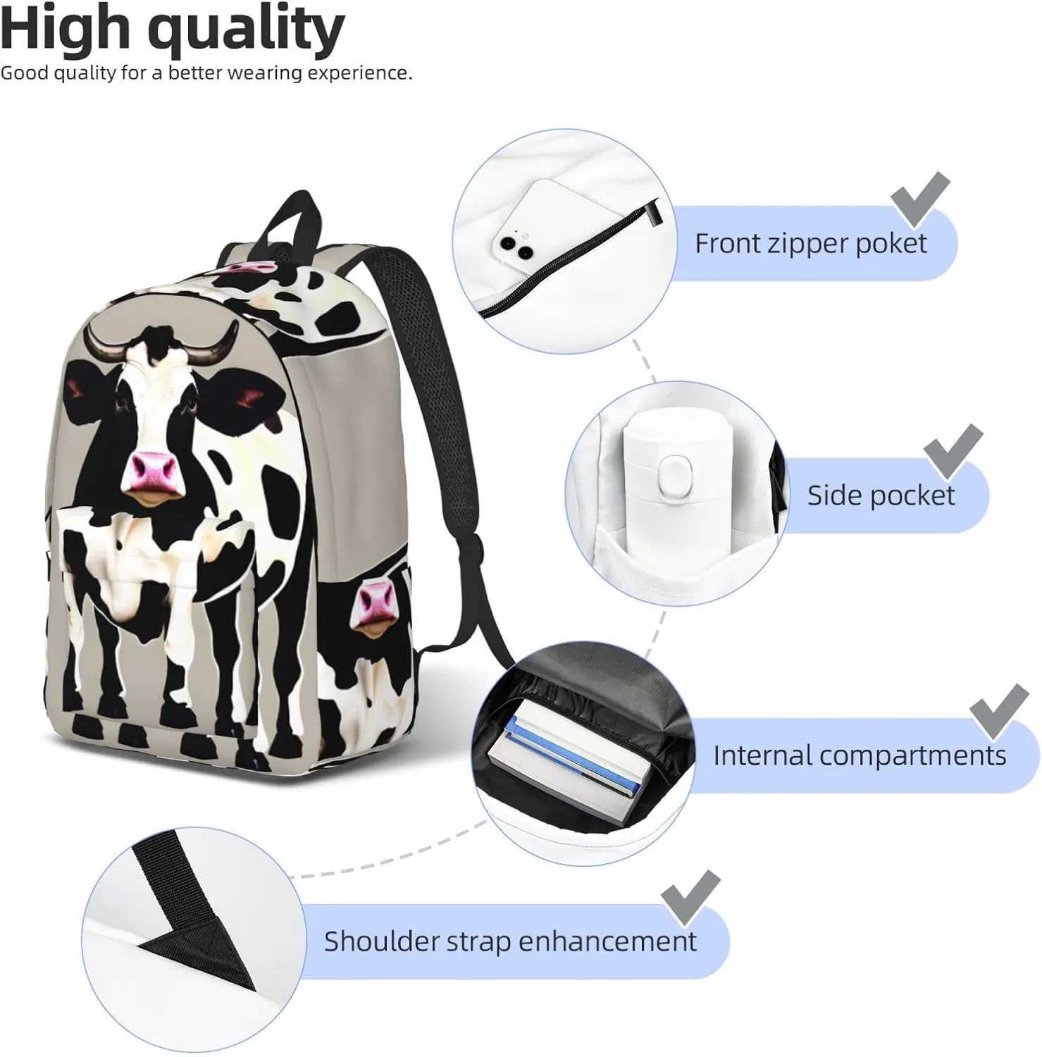Cow Black Spot Print Canvas Backpack Women,Mens Travel Casual Daypack Bookbag For Laptop Work Travel Hiking