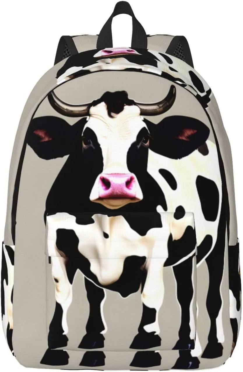 Cow Black Spot Print Canvas Backpack Women,Mens Travel Casual Daypack Bookbag For Laptop Work Travel Hiking