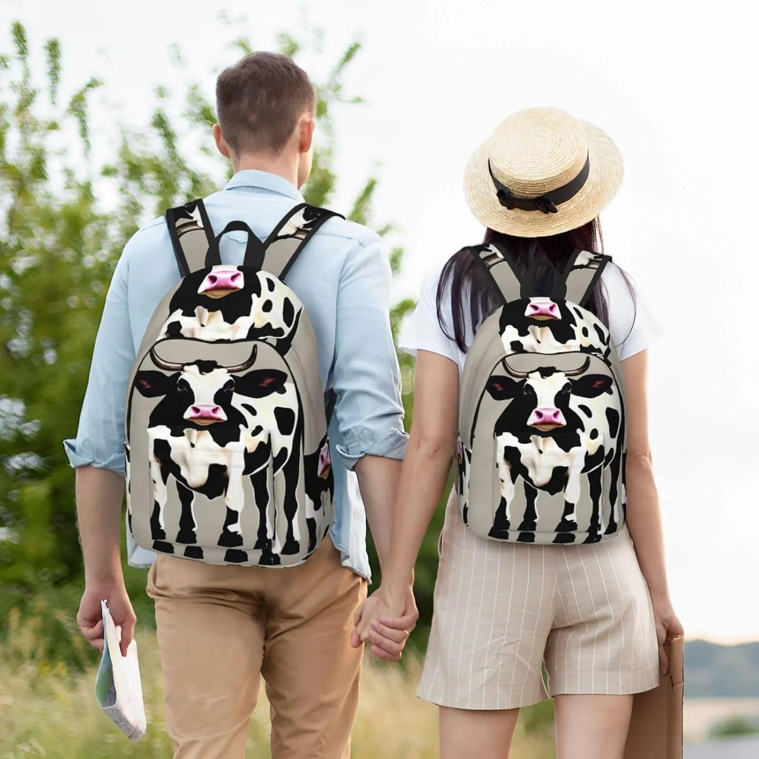 Cow Black Spot Print Canvas Backpack Women,Mens Travel Casual Daypack Bookbag For Laptop Work Travel Hiking