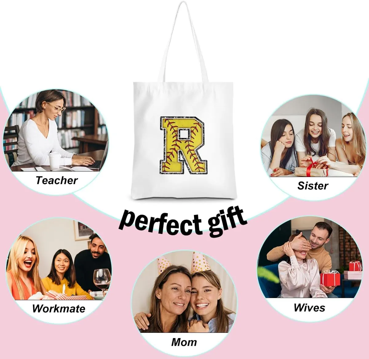 CQM Softball Gifts Initial Tote Bag Reusable Grocery Bags Personalized Beach Bag Wedding Monogrammed Gifts for Women