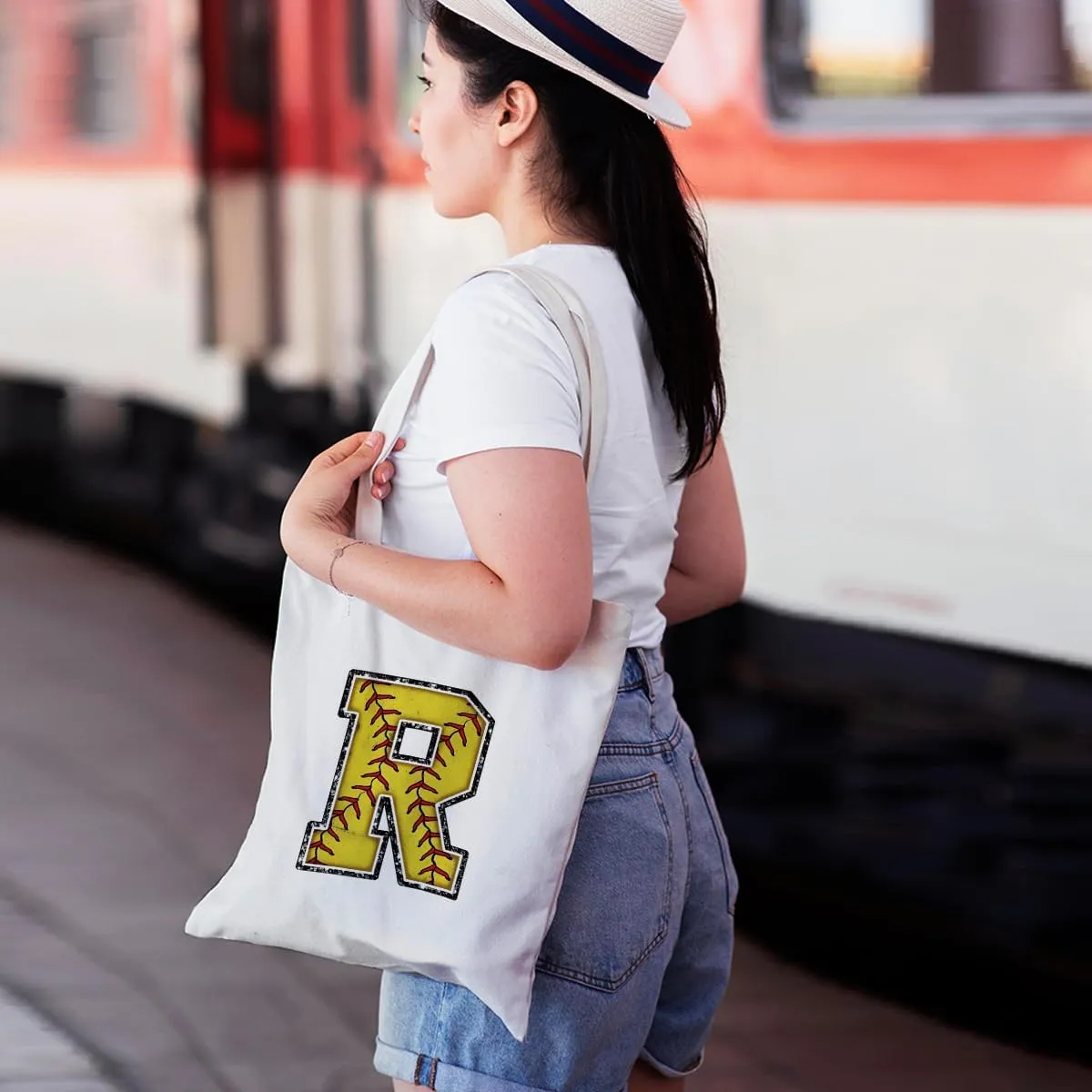 CQM Softball Gifts Initial Tote Bag Reusable Grocery Bags Personalized Beach Bag Wedding Monogrammed Gifts for Women