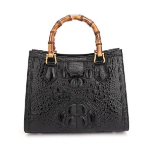 Crocodile Skin Leather Bamboo Top Handle Bag