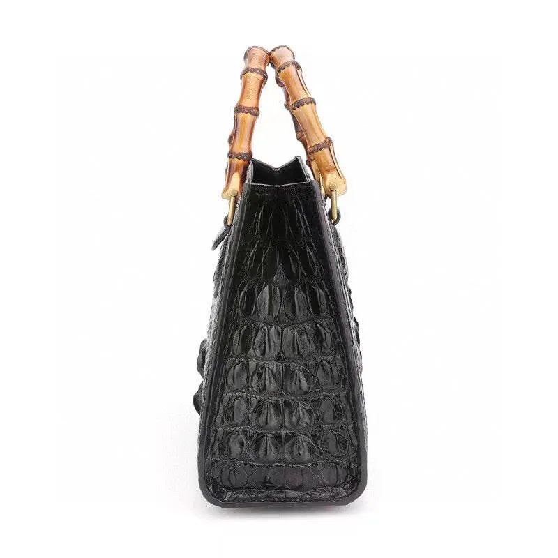 Crocodile Skin Leather Bamboo Top Handle Bag