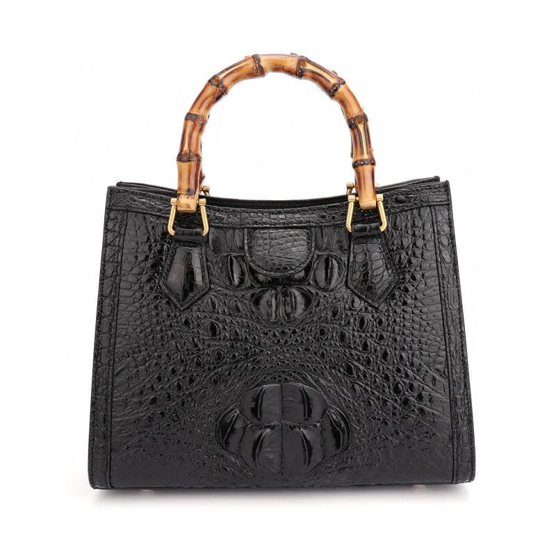 Crocodile Skin Leather Bamboo Top Handle Bag