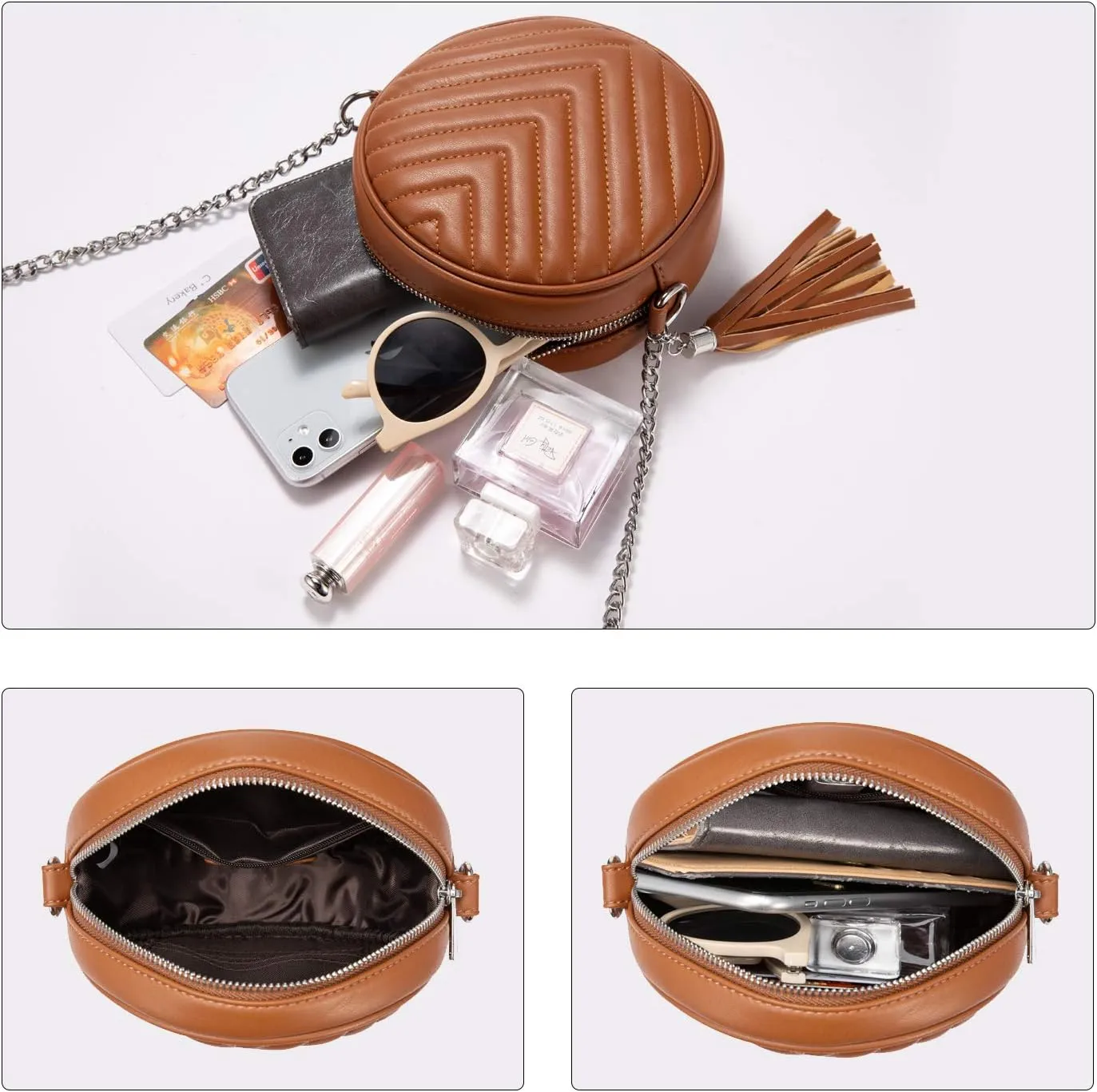 Crossbody Bags for Women Round Purse Quilted purse, Faux Leather, with Tassel