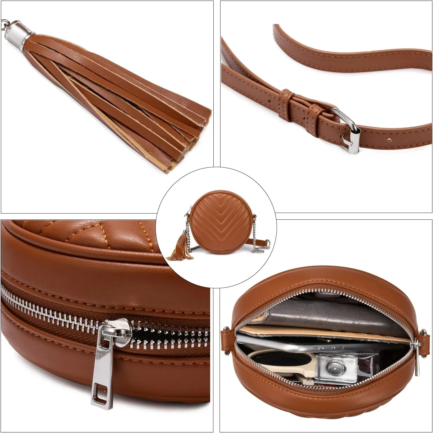 Crossbody Bags for Women Round Purse Quilted purse, Faux Leather, with Tassel