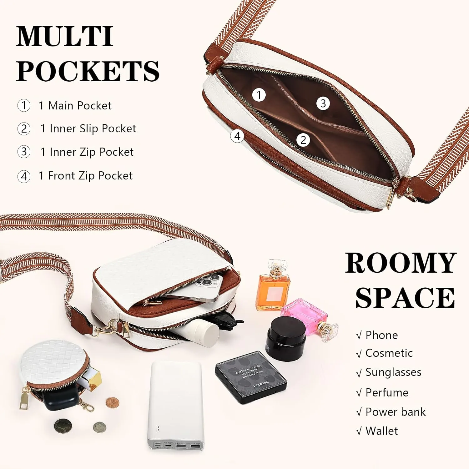 Crossbody Purses for Women Vegan Leather Small Handbags Bags with Detachable Coin Pouch Adjustable Guitar Wide Strap
