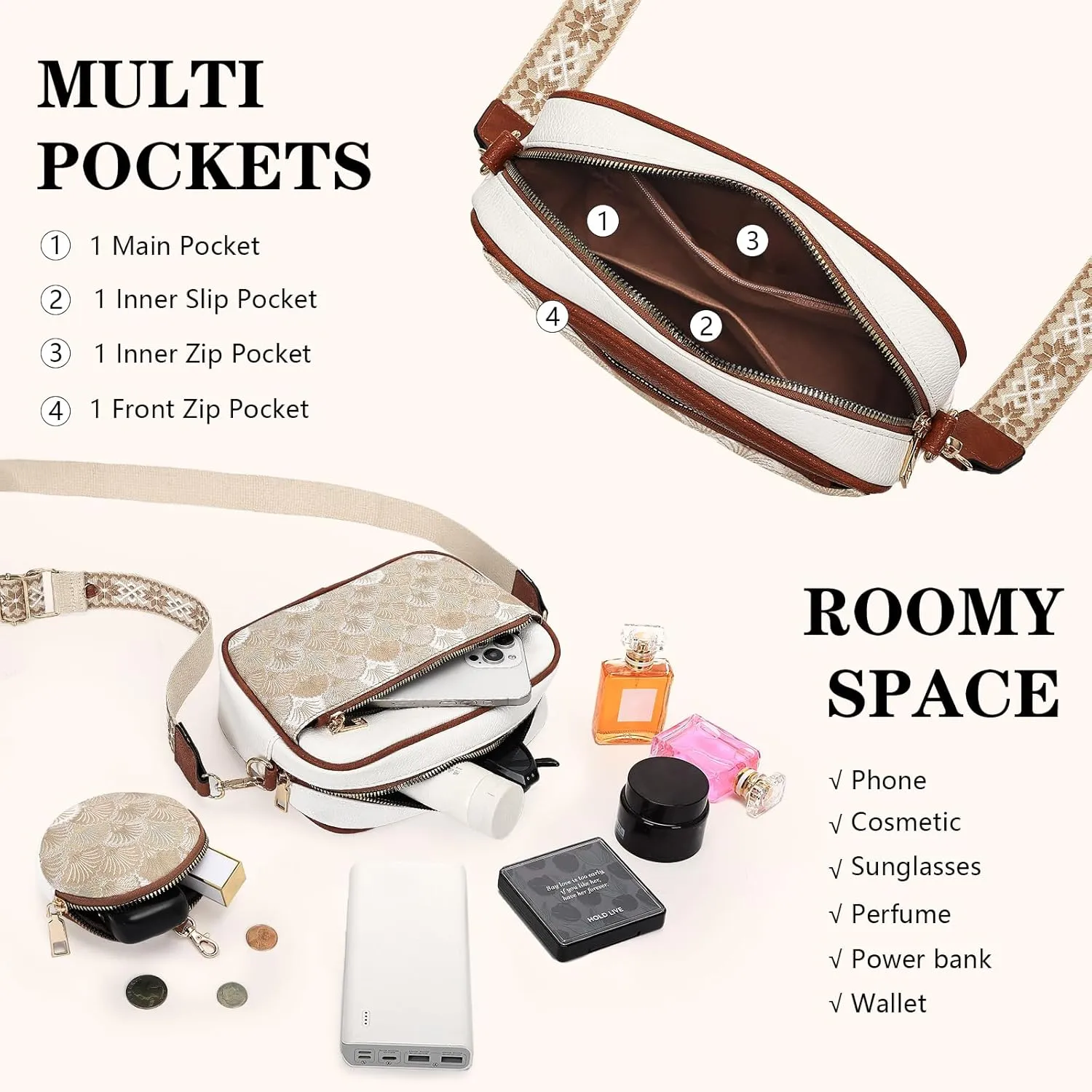 Crossbody Purses for Women Vegan Leather Small Handbags Bags with Detachable Coin Pouch Adjustable Guitar Wide Strap
