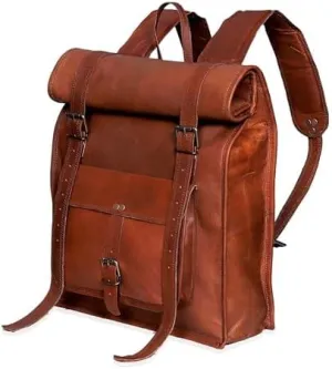 cuero Handmade Genuine Vintage Leather Backpack for Men Camping Travel Rucksack Bag Full Grain Goat Leather Casual Laptop Work Backpack For Men and Women Roll Top Backpack Brown