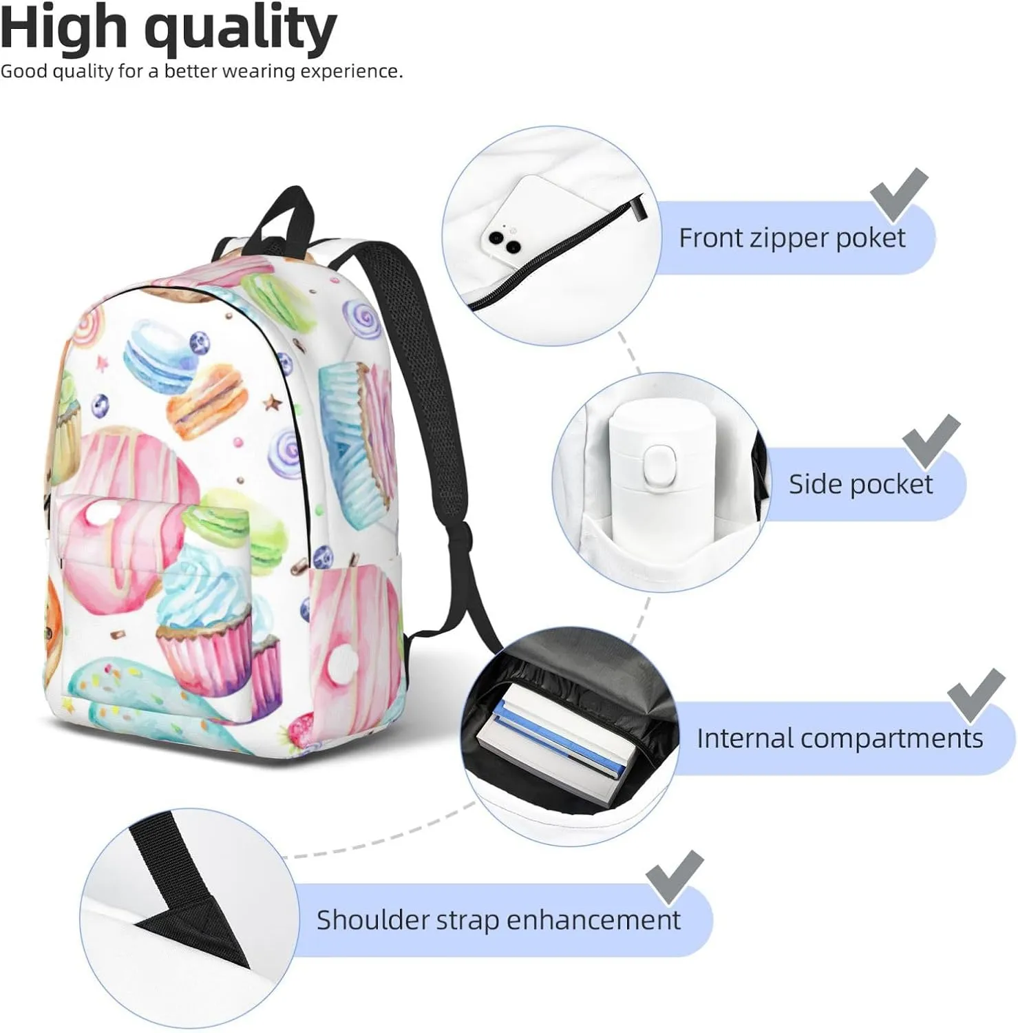 Cupcakes Donuts Muffins Sugar Print Canvas Backpack Women,Mens Travel Casual Daypack Bookbag For Laptop Work Travel Hiking