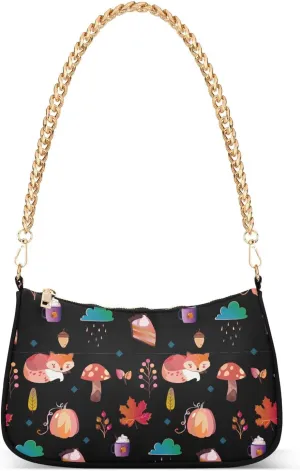 Cute Autumn Pattern with Foxes Shoulder Handbags for Women Travel Hobo Tote Handbag Women Gold Chain Shoulder Bags Purse with Zipper Closure