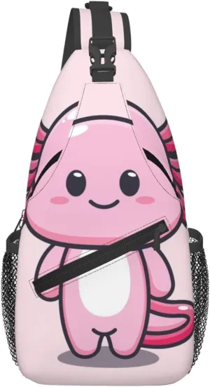 Cute Axolotl Mascot Cartoon Sling Backpack Casual Crossbody Shoulder Bag Travel Hiking Daypack Unisex Chest Bags For Women Men Outdoor Sport