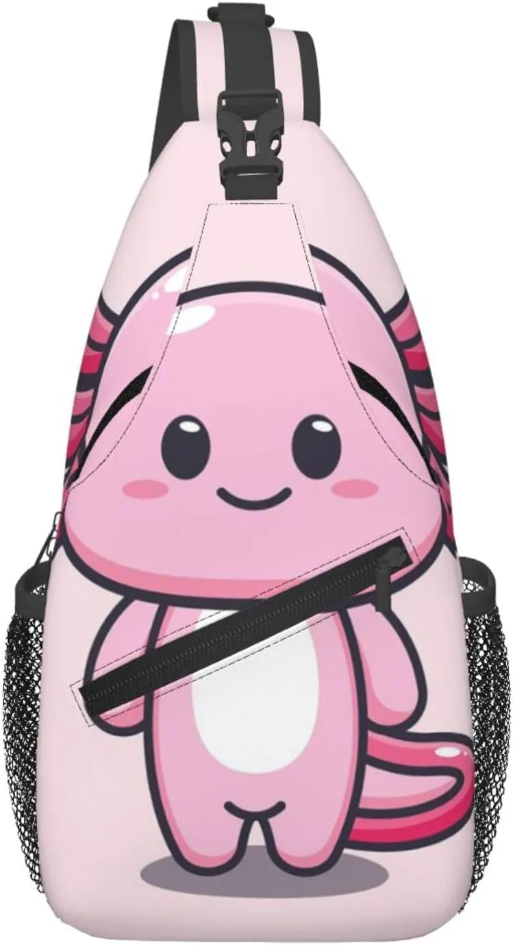 Cute Axolotl Mascot Cartoon Sling Backpack Casual Crossbody Shoulder Bag Travel Hiking Daypack Unisex Chest Bags For Women Men Outdoor Sport