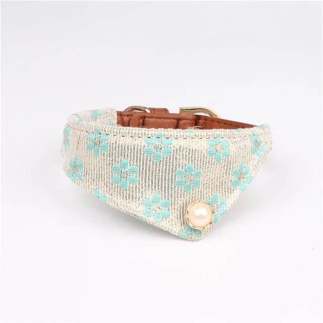 Cute Bowknot Pets Dog Collars - Floral Print, Adjustable PU Leather, Matching Leash