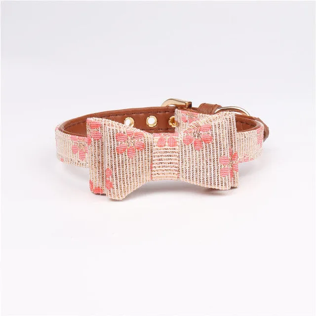 Cute Bowknot Pets Dog Collars - Floral Print, Adjustable PU Leather, Matching Leash