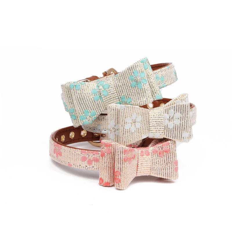 Cute Bowknot Pets Dog Collars - Floral Print, Adjustable PU Leather, Matching Leash