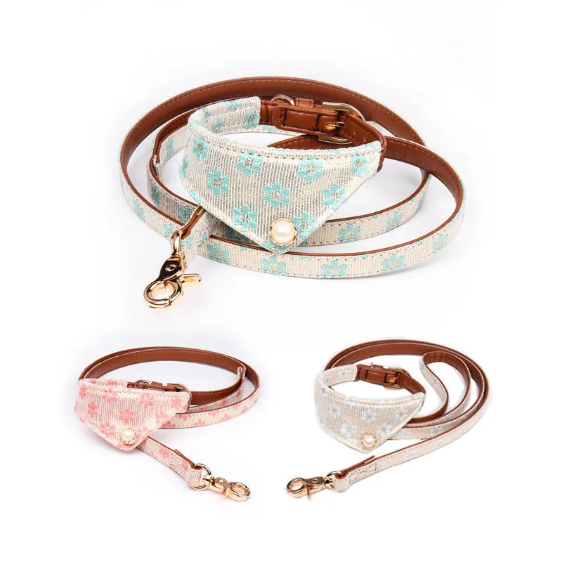 Cute Bowknot Pets Dog Collars - Floral Print, Adjustable PU Leather, Matching Leash