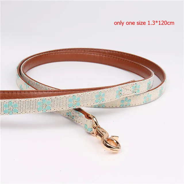 Cute Bowknot Pets Dog Collars - Floral Print, Adjustable PU Leather, Matching Leash