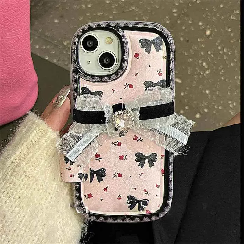 Cute Phone Cases for iPhone 15, 14, 13, 12, and 11 Pro - 3D Bowknot, Leather Cover- TSP456