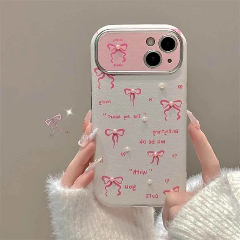 Cute Phone Cases for iPhone 15, 14, 13, 12, or 11 Pro Max - Pink Bowknot & Mini Pearls - TSP458