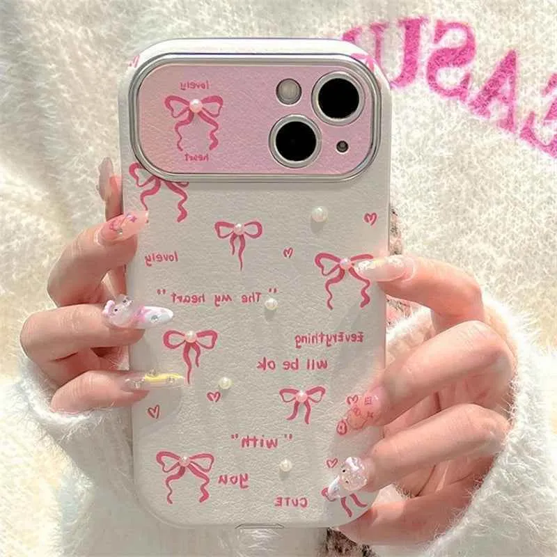 Cute Phone Cases for iPhone 15, 14, 13, 12, or 11 Pro Max - Pink Bowknot & Mini Pearls - TSP458