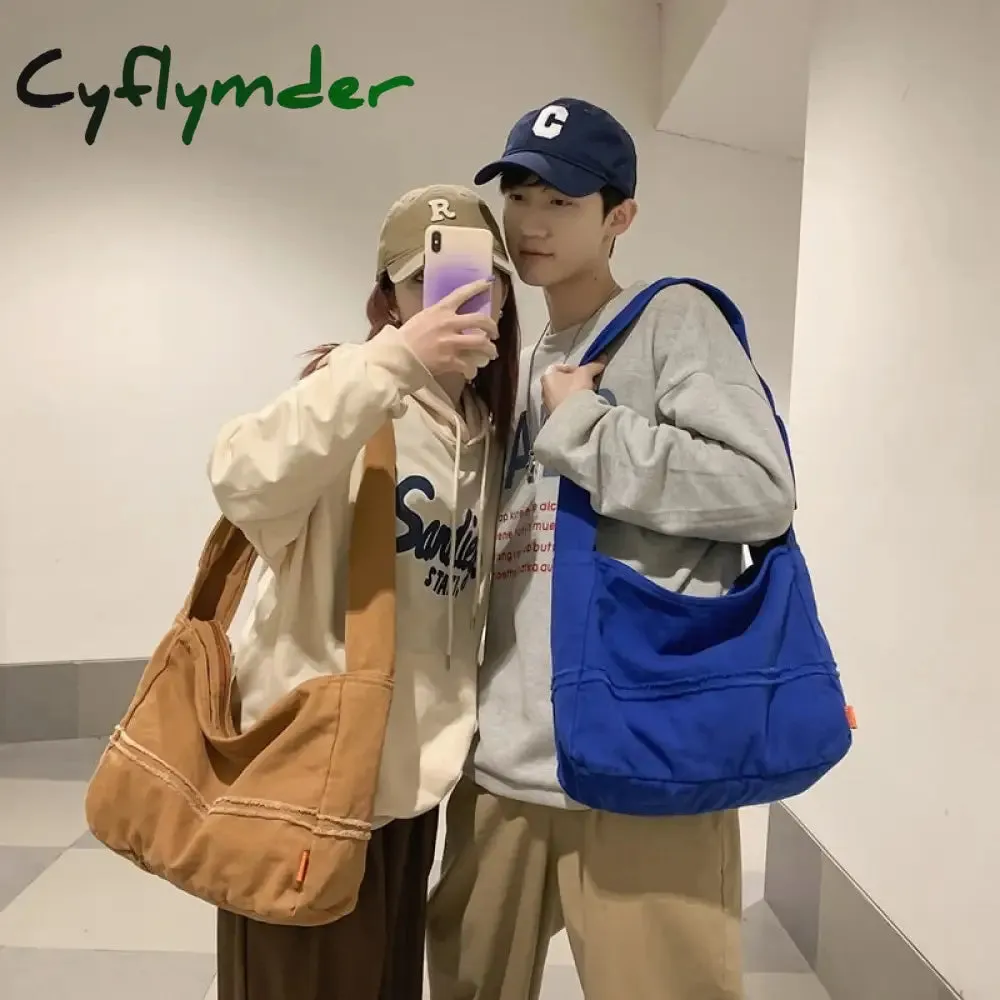 Cyflymder Fashion Ladies Messenger Bag Large Capacity Shopping Bag Unisex Canvas Student Shoulder Bag Solid Color Handbag Women