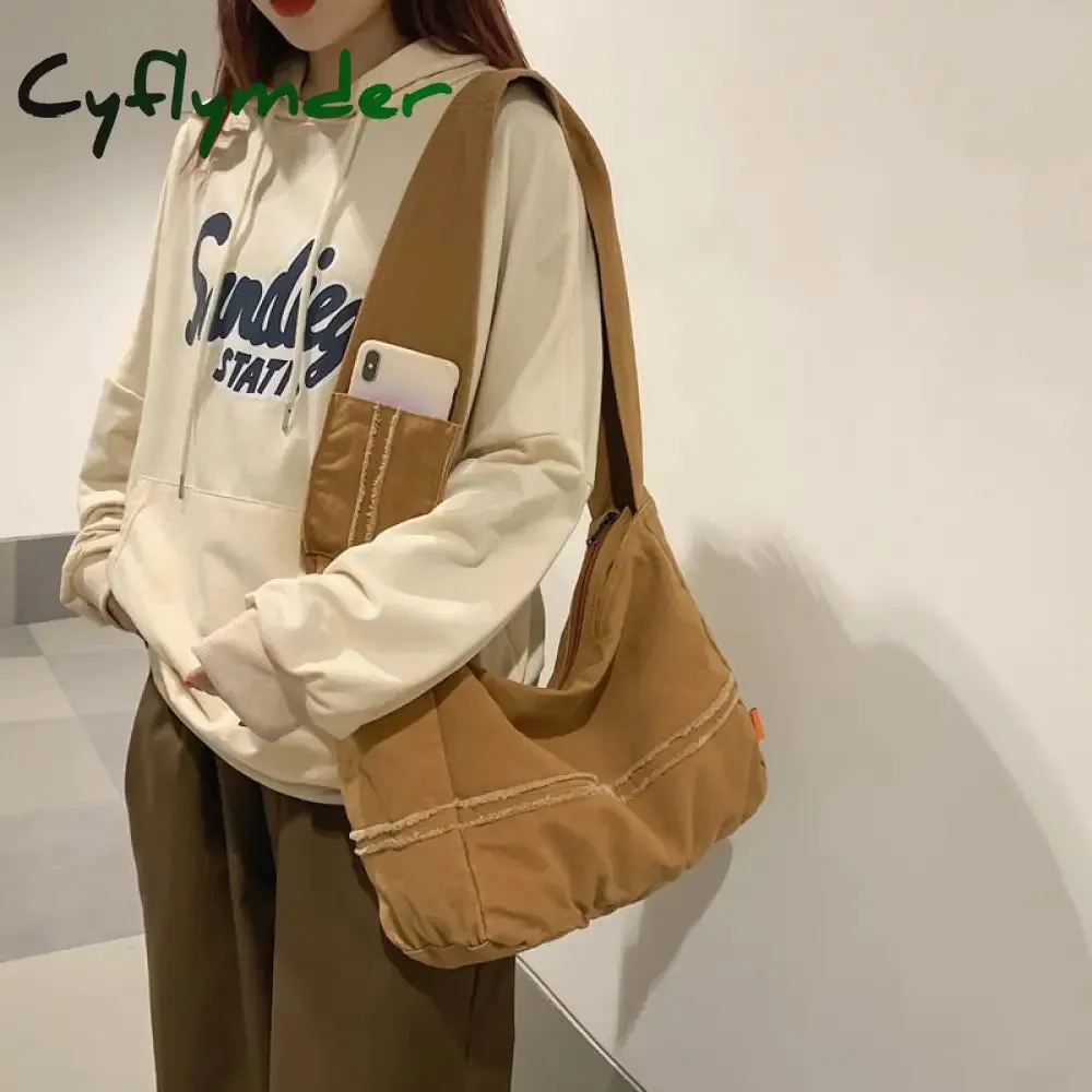 Cyflymder Fashion Ladies Messenger Bag Large Capacity Shopping Bag Unisex Canvas Student Shoulder Bag Solid Color Handbag Women