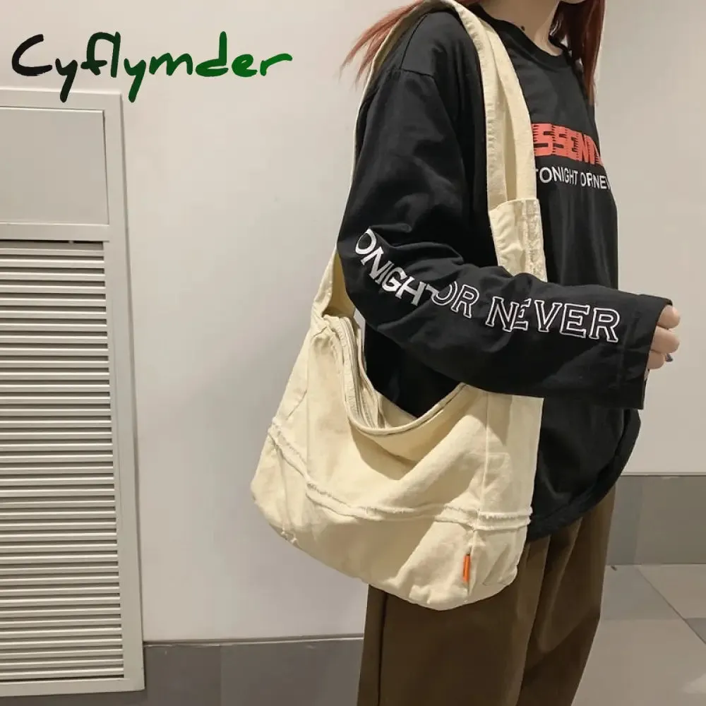 Cyflymder Fashion Ladies Messenger Bag Large Capacity Shopping Bag Unisex Canvas Student Shoulder Bag Solid Color Handbag Women