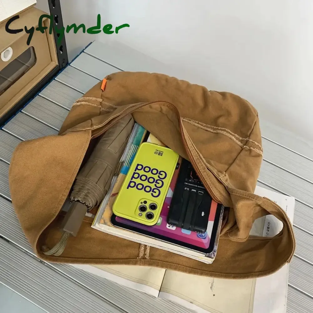 Cyflymder Fashion Ladies Messenger Bag Large Capacity Shopping Bag Unisex Canvas Student Shoulder Bag Solid Color Handbag Women