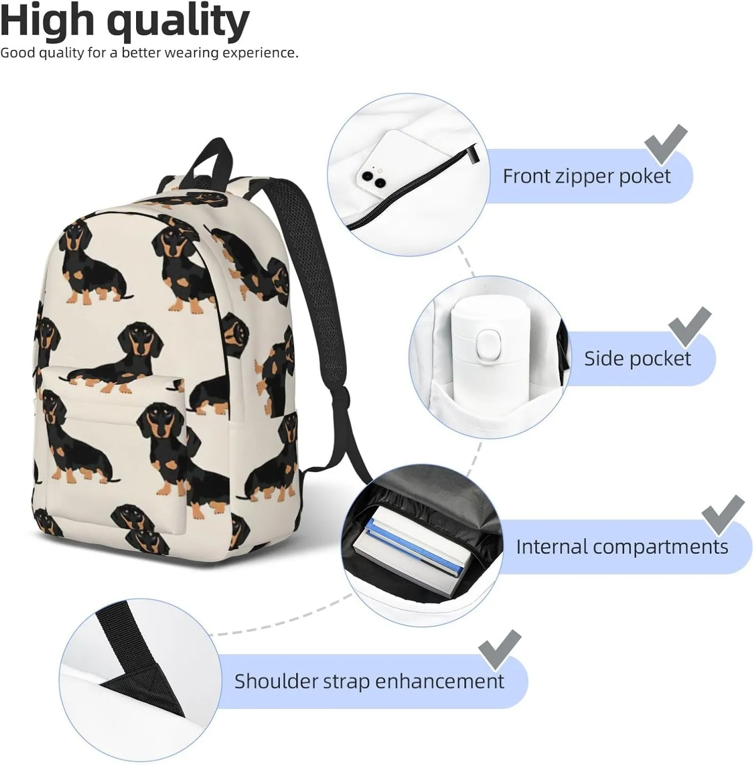 Dachshund Dog Print Canvas Backpack Women,Mens Travel Casual Daypack Bookbag For Laptop Work Travel Hiking