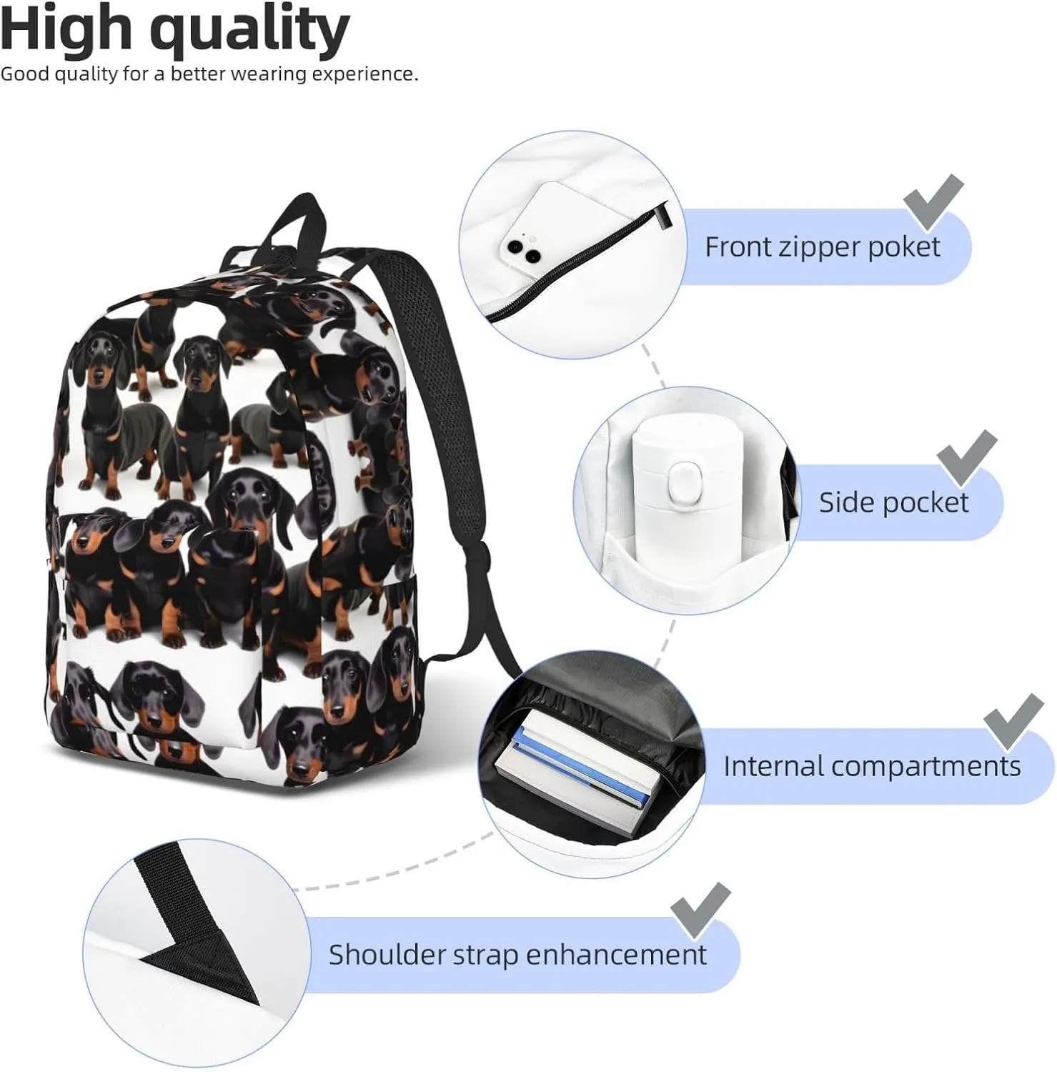 Dachshund Weiner Pet Dog Print Canvas Backpack Women,Mens Travel Casual Daypack Bookbag For Laptop Work Travel Hiking