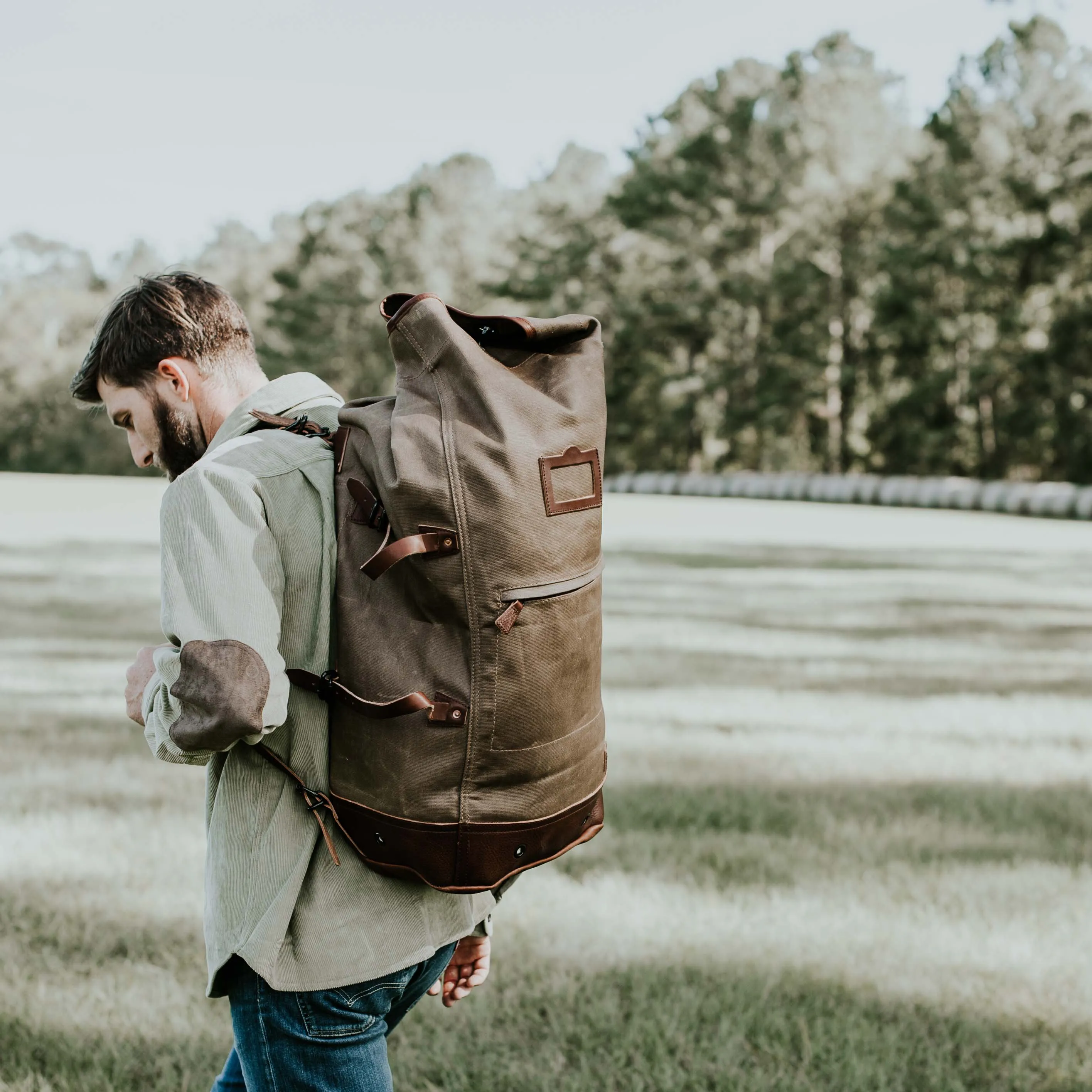 Dakota Waxed Canvas Military Sea Bag Backpack | Field Khaki w/ Chestnut Brown Leather